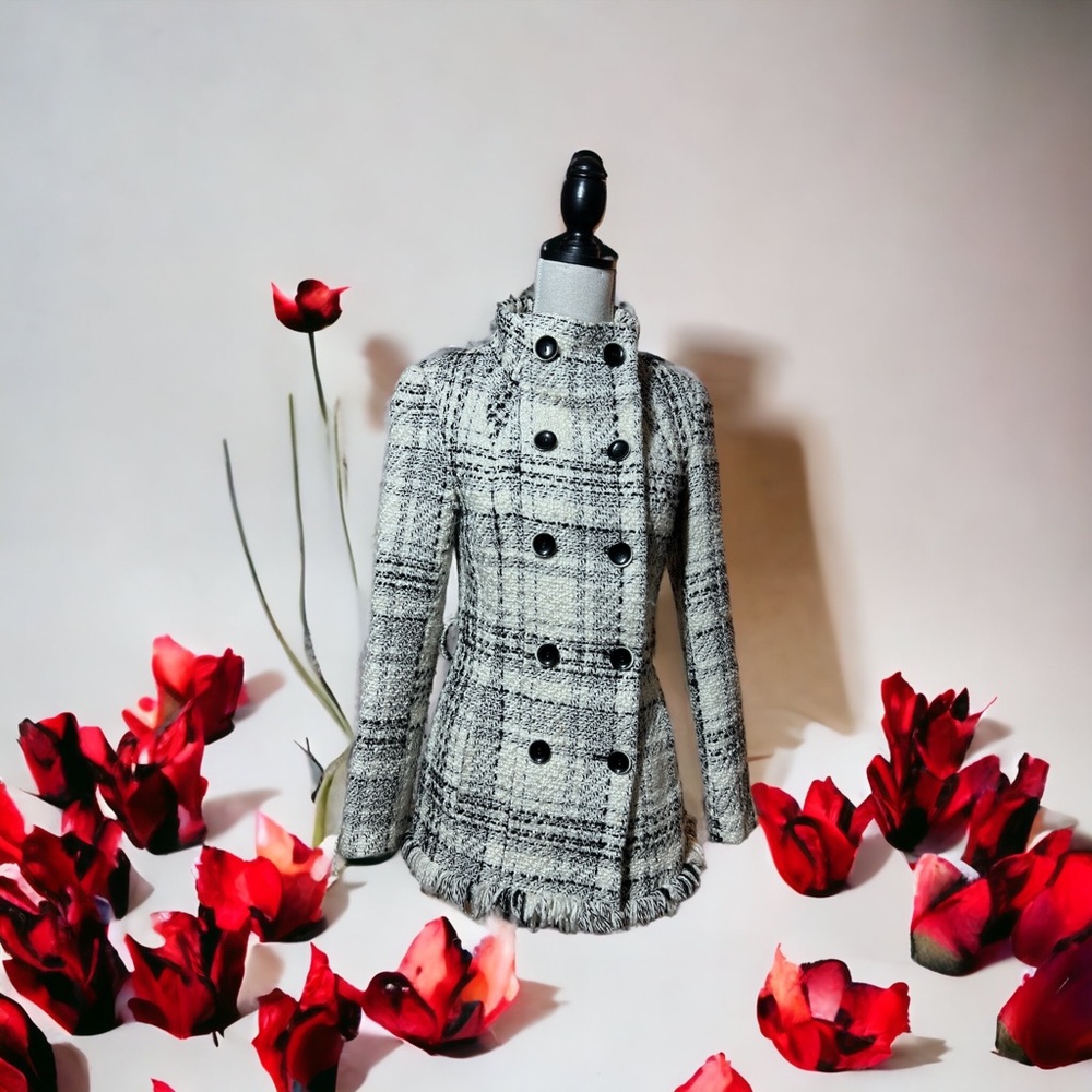 White & Black Zara Basic Tweed Fringe Plaid Peacoat Jacket